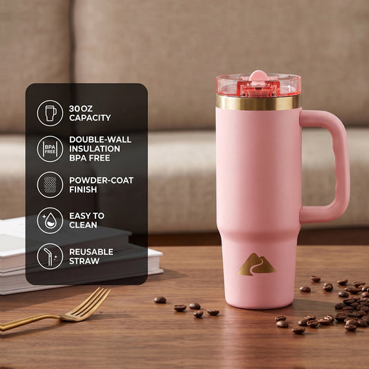 Ozark Trail 30 oz Stainless Steel Insulated Travel Tumbler with Handle and Flip Straw Lid, Rose Shimmer